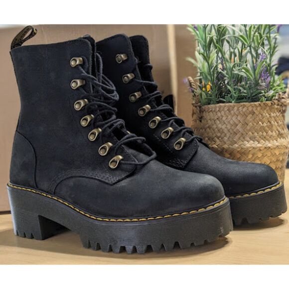 Dr. Martens Women's Black Nubuck Leather Leona Lace-Up Combat Boots UK8 W10 NIB